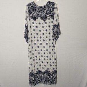 WOMEN'S "Kori America" White & Blue Maxi, 3/4 Sleeved Kaftan; Rayon; Size L